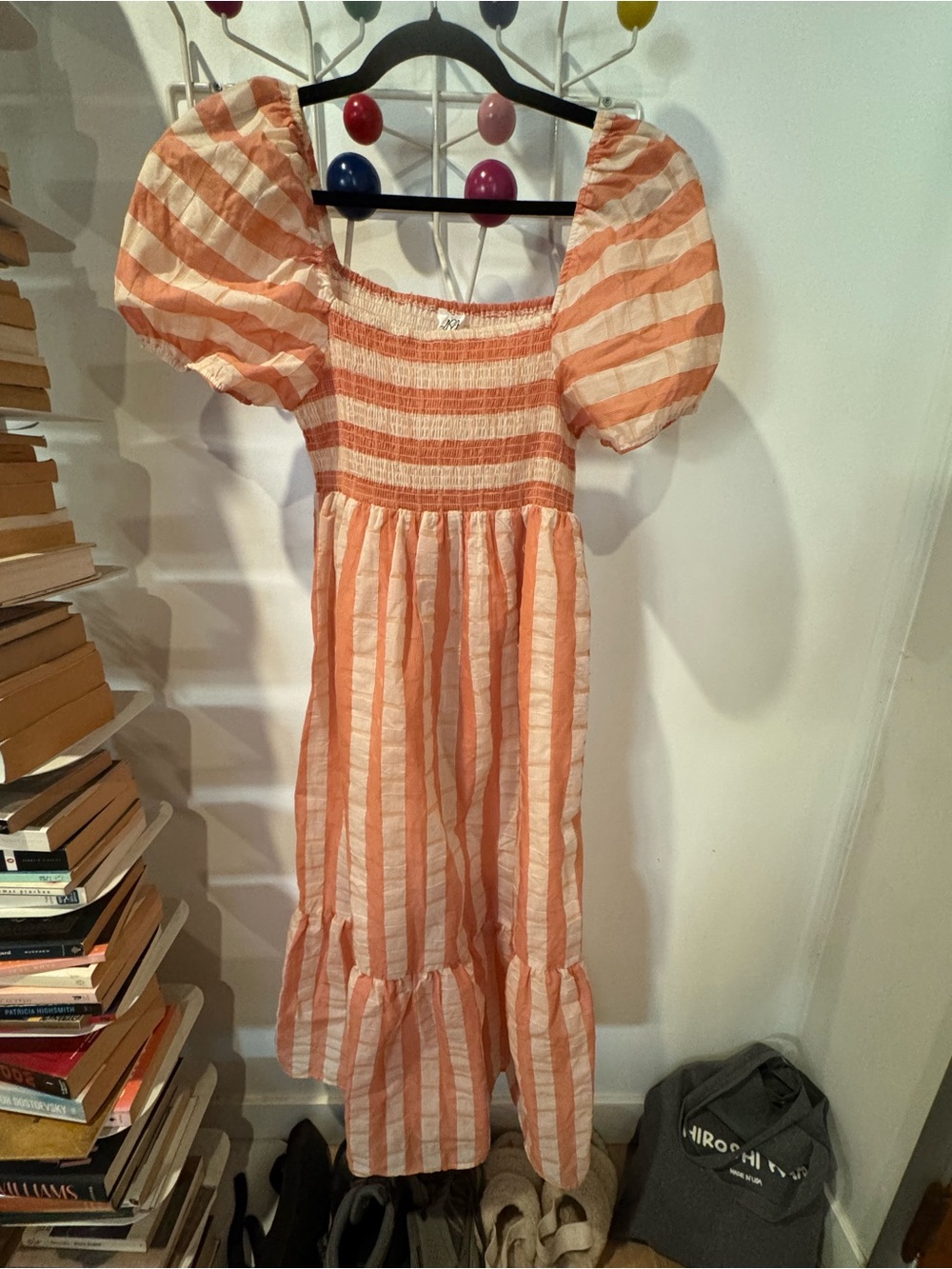 Peach-White Striped Puff Sleeve Dress
